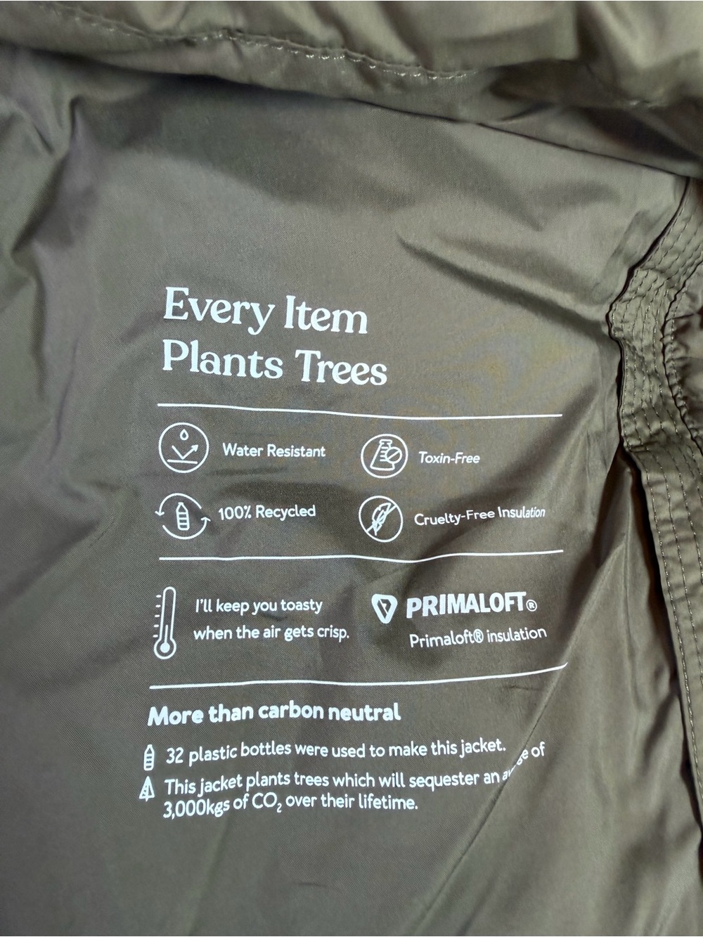 tentree Men's PrimaLoft Insulated Puffer Vest Olive Green Waterproof 2XL NWT - Picture 9 of 10